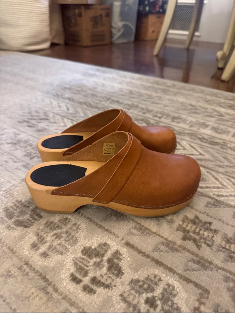 Swedish Hasbeens Leather Slip-On Clogs with Wood Sole